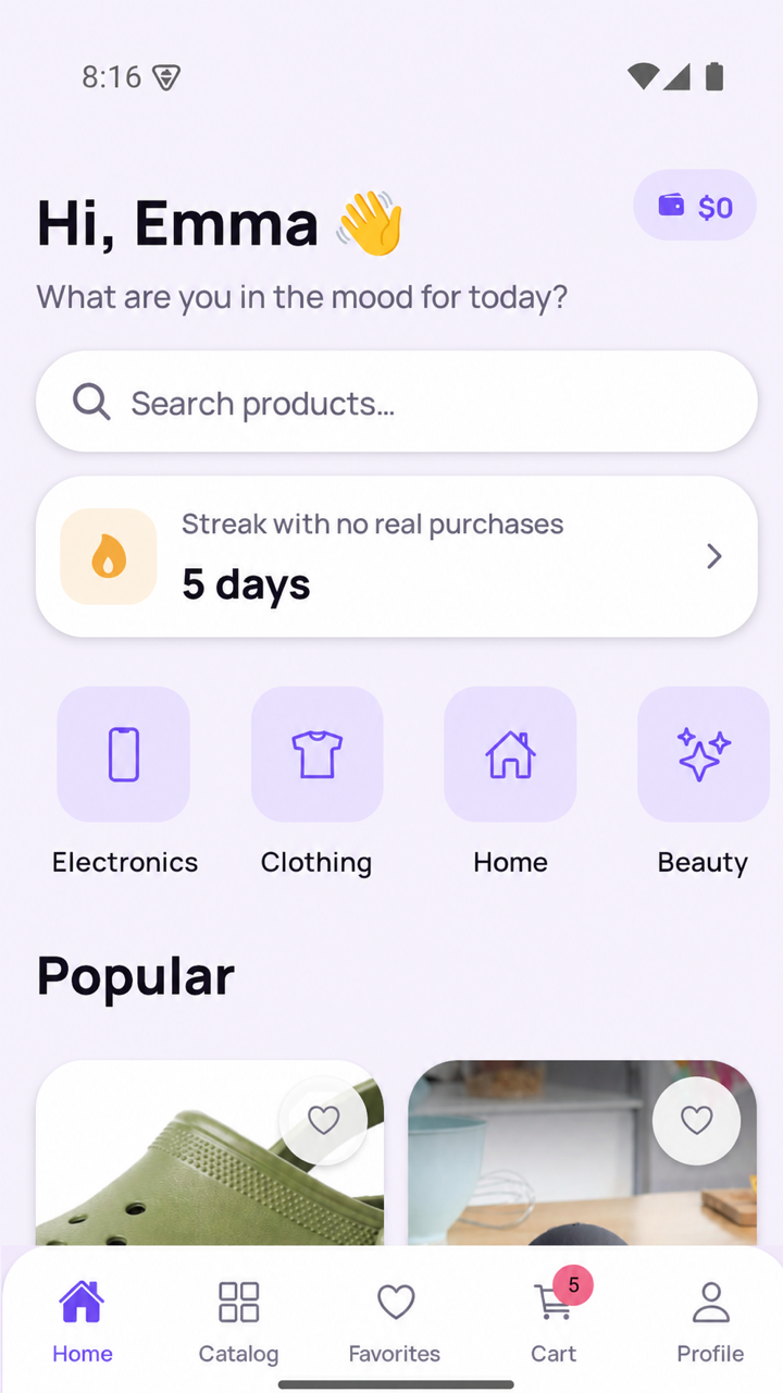 Kept home screen with a virtual budget and shopping catalog